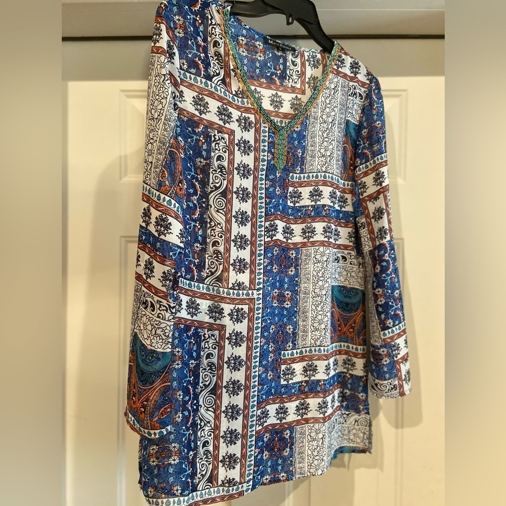 Mechant~Bold~Bohemian~Beaded Tunic Top~Semi-Sheer~Full Length Bell Sleeve~Size S